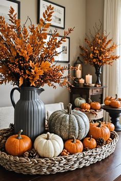 an arrangement of pumpkins and gourds in a basket on a dining room table