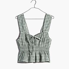 A Fun Little Sleeveless Top In Yarn-Dyed Cotton Gingham. Perfect To Pair With High-Rise Jeans, It's Slightly Cropped With A Tie-Front Keyhole Neckline, Smocked Waist And Peplum Hem. Crop Length: Designed To Hit Between The Waist And High Hip. Body Length From High Point Of Shoulder: 11 3/4". Cotton. Do Well: By Buying Cotton Products From Madewell, You're Supporting Our Investment In Better Cotton's Mission To Help Cotton Communities Survive And Thrive While Protecting And Restoring The Environm Top Cargo Pants, Peplum Tank Top, Gingham Top, Summer Plaid, Madewell Top, Popover Shirt, Madewell Denim, Gingham Check, Front Tie Top