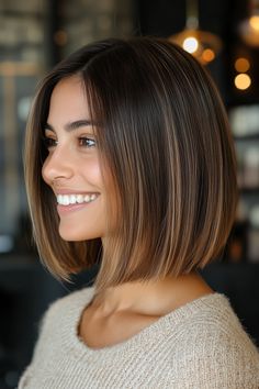 10. Straight Bob with Dark Roots and Champagne Ends (Medium Length Hairstyles For Thin Hair) - Medium Length Hairstyles For Thin Hair Bob For Thinning Hair, Bob Haircut Straight Hair, Straight Hairstyles For Short Hair, Short Straight Haircuts, Straight Cut Bob, Bob Brunette, Short Straight Bob Hairstyles, Bob Cut Hair, Straight Bob Cut