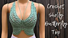 a crochet top is displayed on a mannequin's head with text overlay