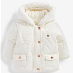 Brand New With Tags Faux Fur Hood With Cozy Hood And Body Lining. Rose Gold Hardware. Pockets. Machine Washable. 100% Polyester. Cute White Outerwear With Fleece Lining, Cute Cream Winter Outerwear, Cute Warm White Outerwear, Pink Faux Fur Coat, Next Luxury, Lined Denim Jacket, Under Armour Girls, Adidas Track Jacket, Boys Fleece