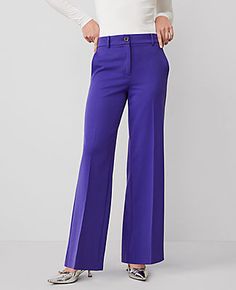 A modern must-have with a statement leg and flattering high waist. Front zip with button closure. Belt loops. Front off-seam pockets. Back besom pockets.,Leg Shape:Wide-Leg – a modern must-have with a statement leg and flattering high waist,Rise:High rise: sits 1/2" to 1" below natural waist,Imported:Imported,Fit:Relaxed & easy,Length:Full length: 31" inseam with 24" leg opening,Fabrication:62% Polyester, 34% Viscose, 4% Spandex,Garment Care:Machine Washable The Perfect Wide Leg Pant by Ann Tayl Ann Taylor, Size 10, Wide Leg Pants, Must Haves, Full Length, Wide Leg, High Waisted, Purple, Pants