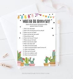 a printable what did the groom say? game with cactuses and confetti