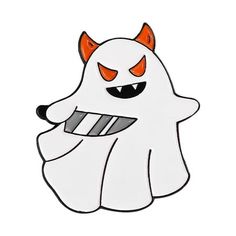 a white ghost with orange eyes and horns