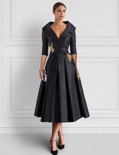 A-Line Cocktail Dresses Elegant Dress Formal Ankle Length 3/4 Length Sleeve Shirt Collar Pocket Satin with Appliques dress to impress 2024 2024 - $138.99 Classic Dresses For Women Vintage, Flowers To Go With Emerald Green Dress, Black Tie Dresses For Women Over 50, Black Tie Wedding Guest Dress Older Woman, Plus Size Wedding Attire Guest, Modern Mother Of The Bride Dresses, Cocktail Dresses Classy, Black Tie Wedding Guest Attire, Cocktail Dress Elegant