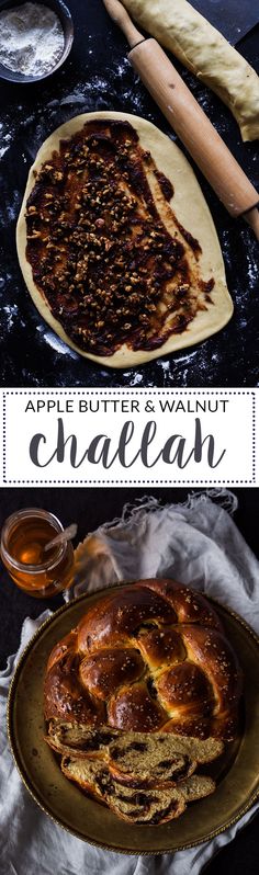 an apple butter and walnut croissant is shown on a plate with the title above it