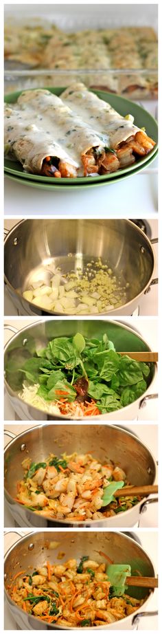 four different pans filled with food on top of a stove