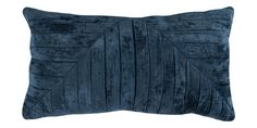 a blue velvet pillow with pleated details on the front and back, sitting on a white background