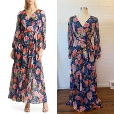 Eliza J Chiffon Floral-Print Faux-Wrap Tiered Maxi Dress, Size 4, New Without Tags, Excellent Condition, Gorgeous Dress! A Bouquet Of Blossoms Beautifully Accents This Maxi Dress From Eliza J V-Neck; Maxi Silhouette Concealed Back Zipper Closure Faux-Wrap Design; Self-Tie Belt At Waist Lined Spring Flowy Faux Wrap Maxi Dress, Spring Fitted Faux Wrap Maxi Dress, Blue Faux Wrap Spring Dress, Spring Blue Faux Wrap Dress, Floral Dress Outfits, Eliza Dress, Eliza J Dresses, Rayon Pants, Eliza J