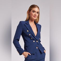 Meet Your New Favorite Blazer. Crafted With Crisp Crepe, Chic Gold Buttons And A Timeless Double-Breasted Design, The Amelia Is A Classic Piece That's A Must-Have For Any Day Of The Week. Style With A Button-Up And Slacks For The Office Or A Cropped Tee And Jeans For Brunch. Product Fit & Details 95% Polyester, 5% Spandex Professional Dry Clean True To Size Length: 22 1/8", Sleeve Length: 23" Chic Party Blazer With Gold Buttons, Elegant Party Blazer With Gold Buttons, Elegant Suits With Gold Buttons, Chic Fitted Blazer With Gold Buttons, Elegant Fitted Blazer With Gold Buttons, Fitted Party Blazer With Gold Buttons, Elegant Fitted Outerwear With Gold Buttons, Crepe Blazer, Fit Details