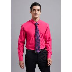 Men's Shirt with Tie Handkerchief Set - 05-HOT PINK Pink Long Sleeve Dress Shirt With Button Closure, Pink Semi-formal Dress Shirt For Spring, Pink Slim Fit Dress Shirt For Spring, Pink Button-up Dress Shirt, Spring Slim Fit Pink Dress Shirt, Spring Pink Slim Fit Dress Shirt, Pink Long Sleeve Shirt For Work, Pink Fitted Long Sleeve Dress Shirt, Pink Slim Fit Button-up Shirt