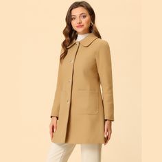 A classic trench coat makes for the perfect layering piece. Single-breasted design and a soft silhouette update this trench into a must-have. Featuring a notched collar and long sleeves, it is easy to wear. A chic cut for a simple and sophisticated coat makes an outfit and saves a little bit of flare for the soft fabric. A single-breasted placket streamlines the silhouette of a classic overcoat, finished here with notch lapels and patched pockets. This elegant classic coat is cut in a warming fa Beige Single Breasted Collared Pea Coat, Chic Single-breasted Collared Pea Coat, Single-breasted Pea Coat With Stand Collar For Fall, Elegant Khaki Single-breasted Pea Coat, Single-breasted Gabardine Pea Coat With Lapel Collar, Lightweight Trench Coat, Cozy Texture, Winter Outwear, Long Overcoat