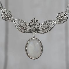 Elegant Engraved Moonstone Jewelry, Elegant Oxidized Moonstone Jewelry, Elegant Moonstone Jewelry With Oxidized Finish, Ornate Silver Necklace With Cabochon, Ornate Silver Cabochon Necklace, Silver Oxidized Moonstone Necklace, Grey Moonstone, Floral Pendant Necklace, Princess Necklace