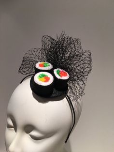 "Sushi Fascinator- Sushi headpiece- I love Sushi -Kentucky derby- Derby days- Halloween- Mad hatter headpiece -Polo - Food -Foodie- Mad Hatter Party Hello, This fascinator has three felt California rolls and a bird cage net puff ...It's perfect for a sushi lover and makes a great conversion piece. It's placed in a 1/8\" satin covered headband that's adjustable and very comfortable. -------------------------------------------------- I ship US Postal Service. USA DOMESTIC CHOICES (From mailed date Harajuku Style Adjustable Party Hat, Black Novelty Mini Hats For Themed Events, Novelty Black Mini Hats For Themed Events, White Halloween Party Hair Accessories, Halloween Party White Hair Accessories, Novelty Halloween Costume Hats And Headpieces As Gifts, Fun Halloween Costume Hats And Headpieces, Black Novelty Costume Headband, Black Novelty Costume Hat As A Gift