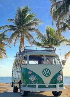 a vw bus parked on the beach with palm trees