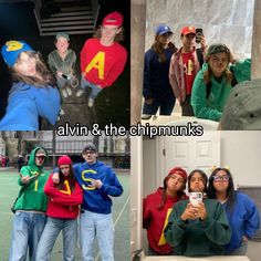 several photos of people dressed in costumes and posing for pictures on their cell phones, with the caption alvin & the chipmunks