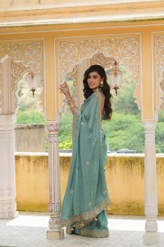 Gorgeous sea green tussar georgette sari is a perfect choice for weddings and festive occasions! The saree has a beautiful embroidered scalloped border. It comes with a saree blouse piece. Disclaimer: The actual product may vary slightly from the image. These are custom orders, hence expect slight variation in color, placement of the motif or buta. ESTIMATED DELIVERYBecause this is a custom order, it would take about 4 weeks from the date of purchase. RETURN POLICYThis product is a custom order Scalloped Border, Wedding Sarees, Fashion Journals, Embroidered Border, Traditional Fabric, Georgette Saree, Saree Online, Designer Sarees, Georgette Sarees