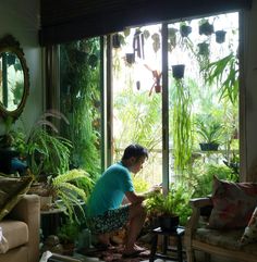 a woman sitting on a couch in front of a window filled with potted plants