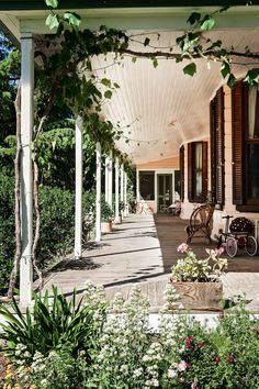 an outdoor covered porch with chairs and plants