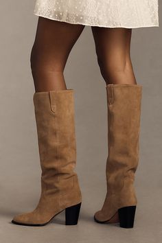 Cow suede upper Leather insole Rubber sole Rubber and leather-stacked heel Side zip Imported | Ivy Boots by Silent D in Beige, Women's, Size: 36 at Anthropologie Suede Boots Outfit, Cotton Casual Pants, Nashville Outfits, Fashion Aesthetics, Suede Boots Knee High, Outfit Inspiration Fall, Comfortable Boots, Mood Board Fashion, Fall Shoes