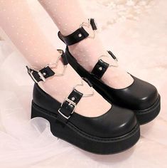 Japanese Harajuku Lolita Heart Strap Platform Shoes sold by Tony Moly Store on Storenvy Dolly School Shoes, Goth Platform Shoes, Sepatu Platform, Creepers Shoes, Platform Wedges Shoes, Kawaii Shoes, Buckle Shoes, Jane Shoes, Platform Pumps