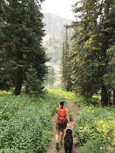 a woman walking her dog on a trail in the woods