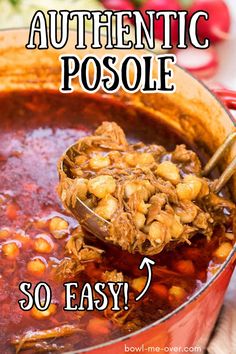 Posole stew with pork and hominy in red chili sauce in Dutch Oven with ladle dishing out a serving. With Pinterest overlay. Authentic Pozole Recipe, Easy Posole, Easy Posole Recipe, Authentic Pozole, New Mexico Posole Recipe, Pozole Recipe Pork, Easy Pozole, Pasole Recipe, Easy Pozole Recipe