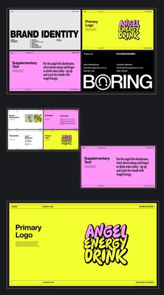 some type of business cards with different colors and font on them, including the logo