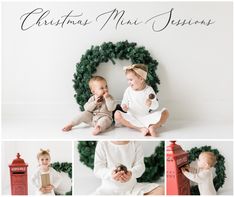 two babies sitting next to each other in front of a christmas wreath and mailbox