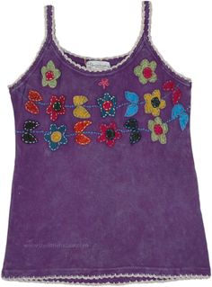 A stonewashed washed purple sleeveless tank top to keep you cool this summer.  This cotton top feature a gorgeous floral applique work, and a beautiful thread detailing at its borders which gives it a trendy and unique look. #tlb #Sleeveless #Stonewash #Embroidered #Applique #vacationclothing #beachwrap #Floral #Bohemiantanktop #handmadetop Funky Tank Tops, Fun Purple Summer Top, Funky Clothes, Purple Floral Embroidered Beach Top, Multicolor Hippie Sleeveless Tank Top, Whimsigothic Clothes T-shirts & Tank Tops, Weird Tanks, Hippie Tank Tops, Purple Tank Top