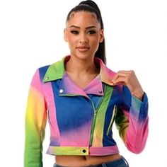 This Biker Jacket Looks Like A Fun And Colorful Piece That Can Add A Pop Of Personality To Any Outfit. The Multi-Color Design And Zipper Front Closure Give It A Casual And Edgy Vibe, While The Button Detail Adds A Touch Of Sophistication. Features: Brand: Love Highlight Type: Biker Jacket Color: Pink Green Yellow Blue Material: 93% Polyester , 7% Spandex Tie Dye Pattern Splattered Rusted Color Button & Zipper Details Long Sleeves Collared Pockets Trendy Fitted Pink Biker Jacket, Trendy Pink Biker Jacket For Spring, Trendy Pink Spring Biker Jacket, Casual Multicolor Biker Jacket For Spring, Trendy Multicolor Spring Outerwear, Trendy Colorful Outerwear For Spring, Fitted Multicolor Biker Jacket With Long Sleeves, Multicolor Fitted Long Sleeve Biker Jacket, Fitted Multicolor Long Sleeve Biker Jacket