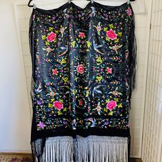 Vintage Embroidered Black Silk Floral Fringe Shawl, 4'.4" X 4'.7" (Not Including Fringe). Fringe; 11" Good Condition. 4'.4" X 4'.7" (Not Including Fringe). Fringe; 11" Luxury Elegant Scarves With Fringe, Luxury Bohemian Fringe Shawl, Bohemian Black Shawl With Woven Motifs, Black One Size Fringe Shawl, Black Embroidered Bohemian Shawl, Fringe Shawl, Black Silk, Vintage Accessories, Scarf Wrap