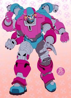 an image of a cartoon character in pink and blue armor with two hands on his hips