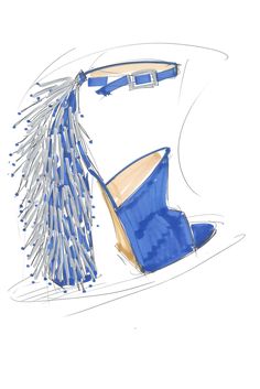 a drawing of a blue shoe with fringes on the heel and heels are shown