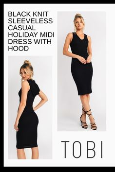 Look cute in this comfy black knit sleeveless casual holiday midi dress with hood. Can you imagine getting dress up cocktail party gowns for Christmas and New Year's Eve outfits on sale? Now's your chance to save. Why pay more when you can get sparkly winter festivity clothing and beautiful formal attire for ladies at affordable prices from TOBI. #shoptobi #holidaydress #mididress Dress With Hood, Casual Game