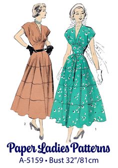 two women's dresses, one in teal and the other in brown with white flowers