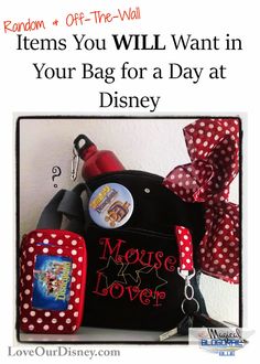 the back side of a purse with red and white polka dots on it that says, items you will want in your bag for a day at disney