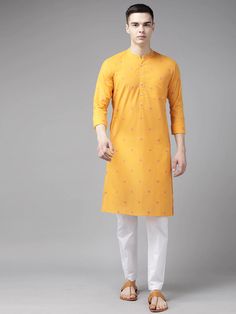 MEN'S YELLOW COTTON WOVEN DESIGN KURTA PAJAMA SET Men's Kurta Pajama, Design Kurta, Men's Kurta, Kurta Pajama, Straight Kurta, Cotton Bottoms, Woven Design, Yellow Fabric