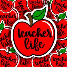 an apple with the words teacher life surrounded by red apples