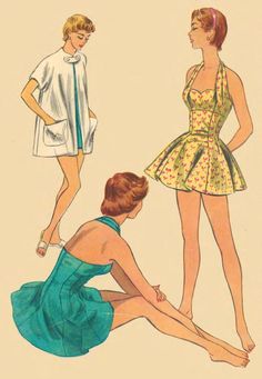 image 0 1950s Bathing Suits, Vintage Bathing Suit Patterns, 1950s Skirt, 50s Pinup, 1950s Sewing Patterns, Perfect Tense, Patron Vintage, Halter Bathing Suit, Vintage Bathing Suits