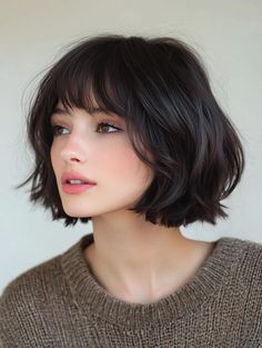 Bob With Two Long Strands, Thick Hair Chin Length Bob, Piecy Bob With Bangs, Long Bob With Fringe Round Faces, Chunky Bob With Bangs, Fringe On Short Hair, Anime Bob Haircut, French Bob With Wispy Bangs, Long Bob Fringe Hairstyles