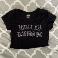 Harley Davidson Black Bedazzled Crop T-Shirt. Size M But Can Fit A S And Xs Nwot Black Fitted Top With Glitter Print, Fitted Black Tops With Glitter Print, Black Cotton Top With Glitter Print, Black Glitter Print Top For Summer, Black Glitter Print Tops For Summer, Harley Davidson Outfits Woman, Bedazzled Top, Motorcycle Shirts, Bling Fashion