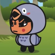 a cartoon character with a helmet on standing in front of some trees and grass,