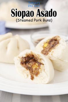 2 siopao asado and siopao sauce with 1 siopao cut in half showing pork asado filling. Pork Asado Siopao Recipe, Siopao Filling Recipe, Banh Bao Recipe, Siopao Dough Recipe, Siopao Asado Recipe, Siopao Recipe, Filipino Pork Recipes, Pao Recipe, Bao Recipe