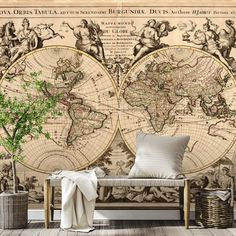 an old world map wallpaper mural in a living room