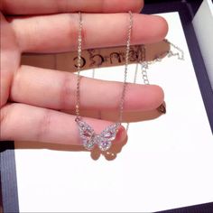 Simulated Diamond Rose Gold Played Yellow Gold Plated Silver Plated Birthday Necklace Gift, Classy Necklace, Butterfly Necklace Gold, Pretty Jewelry Necklaces, Butterfly Pendant Necklace, Fancy Jewelry, Crystal Necklace Pendant, Girly Jewelry, Butterfly Necklace