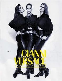 three women in black leather outfits with chains around their waists and the words giani versa