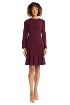 Introducing Nathalie - where comfort meets sophistication. This long-sleeved dress boasts a flattering A-line cut and practical skirt pockets, making it ideal for busy professionals and on-the-go moms alike. Dress it up with heels for a night out or pair with flats for running errands. Nathalie is your reliable fashion companion for any occasion. Knee-length Dress With Stretch And Gathered Sleeves, Winter Burgundy Midi Dress Knee-length, Burgundy Knee-length Workwear Midi Dress, Casual Long-sleeved Midi Dress With Gathered Waist, Classic Long-sleeved Burgundy Blazer, Beaded Jacket, Maggy London, Illusion Dress, Stretchy Dress