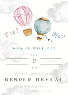 a watercolor hot air balloon birthday party card with the words who's will be?