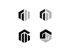 four black and white hexagonal logos